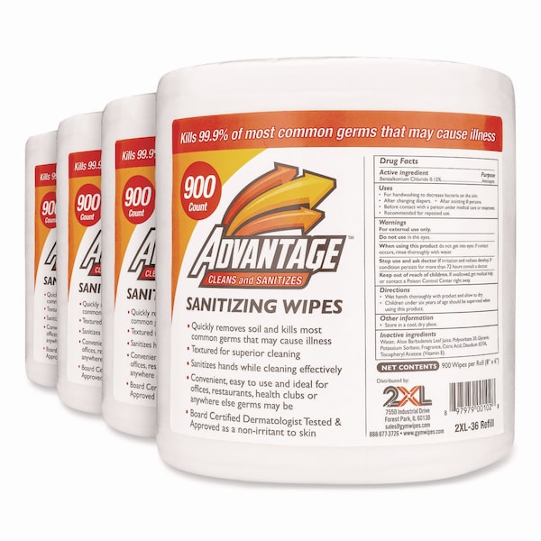 Gym Wipes Advantage, 6 x 8, White, Unscented, 900/RL, PK4